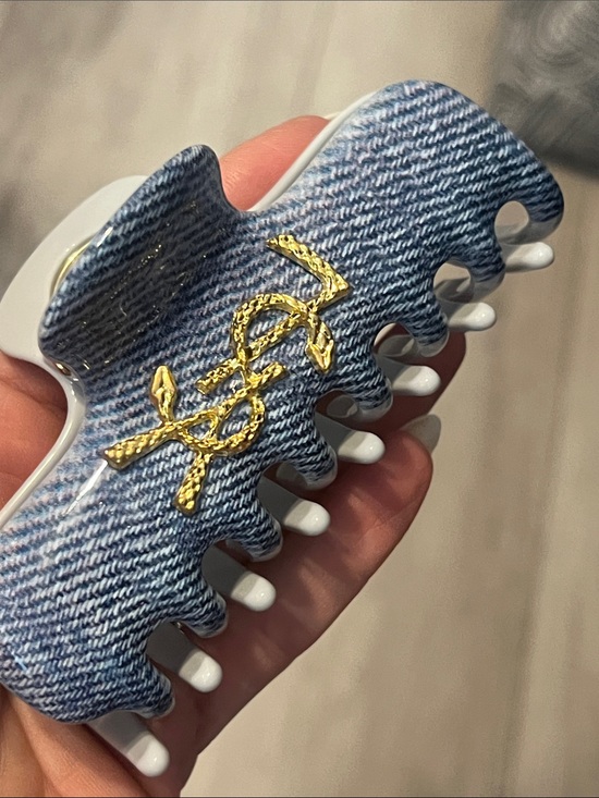 None Accessories - Blue Denim Hair Claw Clip - Gold Logo